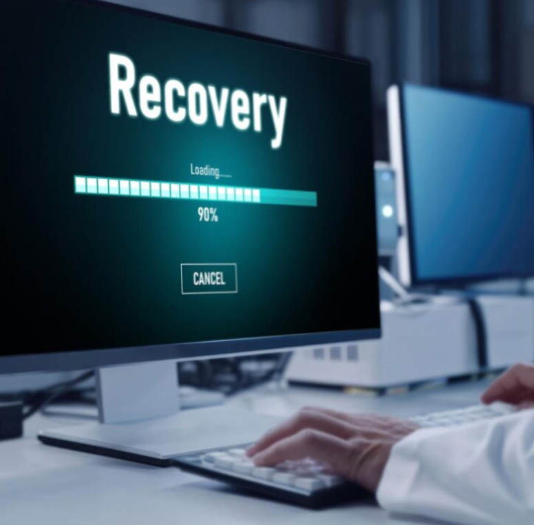 Data recovery engineers operating in cleanroom environment background
